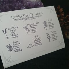 Kit comes with double sided card guide, displaying magical uses for the included herbs on one side and colour magic for the candles on the other - so you can build your own spells
