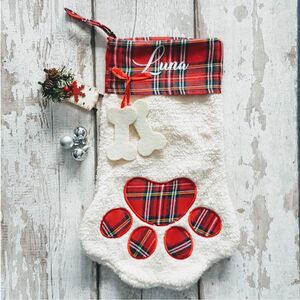 Personalised Christmas dog stocking with red tartan trim
