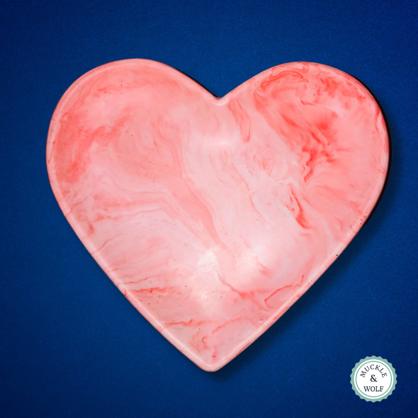 Heart shaped trinket / jewellery dish, Jesmonite (pink, white marble effect)